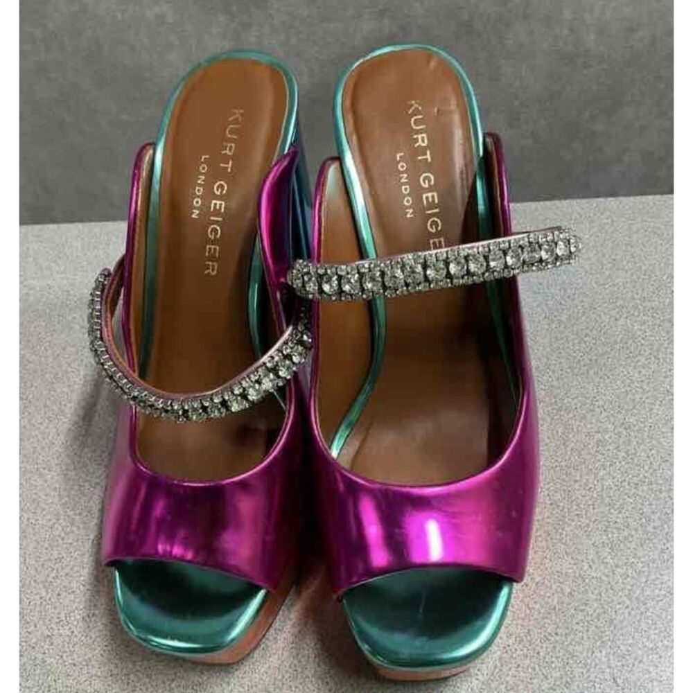 Kurt Geiger Duke Metallic Multicolor Peep Toe Platform Mules Size 38 / 7.5